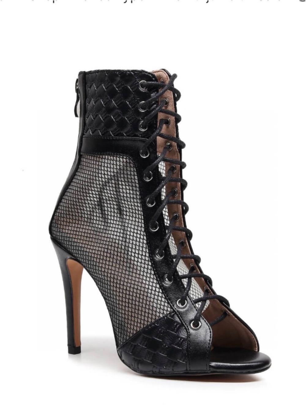 Jezabel Lace-Up Peep Toe Mesh Stiletto Bootie